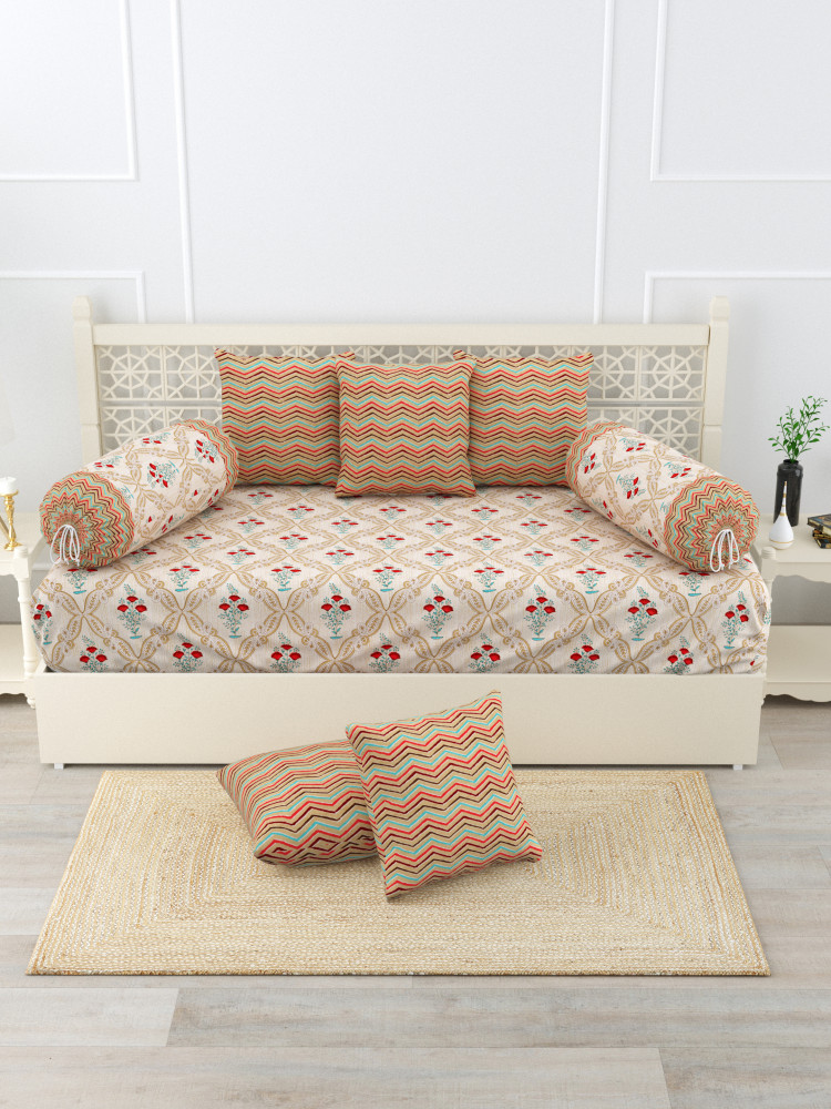 Gharana Multi-Colour Pure Cotton 1+2+5 Diwan set  - Set Of 18