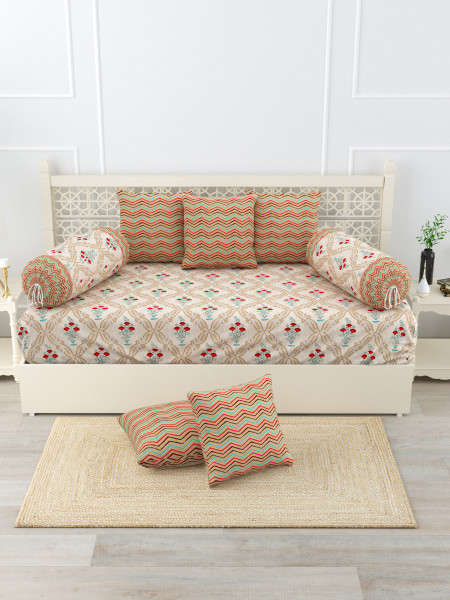 Gharana Multi-Colour Pure Cotton 1+2+5 Diwan set  - Set Of 18