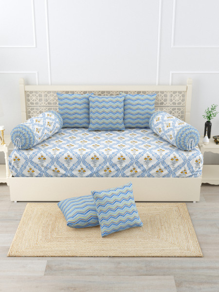 Gharana Multi-Colour Pure Cotton 1+2+5 Diwan set  - Set Of 18