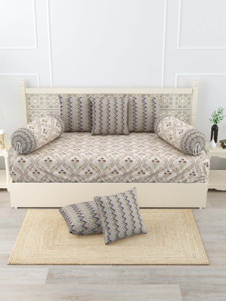 Gharana Multi-Colour Pure Cotton 1+2+5 Diwan set  - Set Of 18