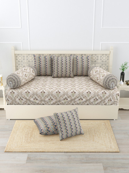 Gharana Multi-Colour Pure Cotton 1+2+5 Diwan set  - Set Of 18