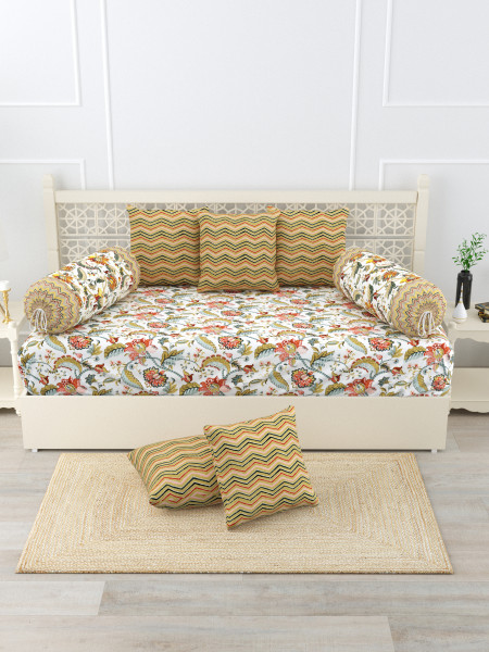 Gharana Multi-Colour Pure Cotton 1+2+5 Diwan set  - Set Of 18