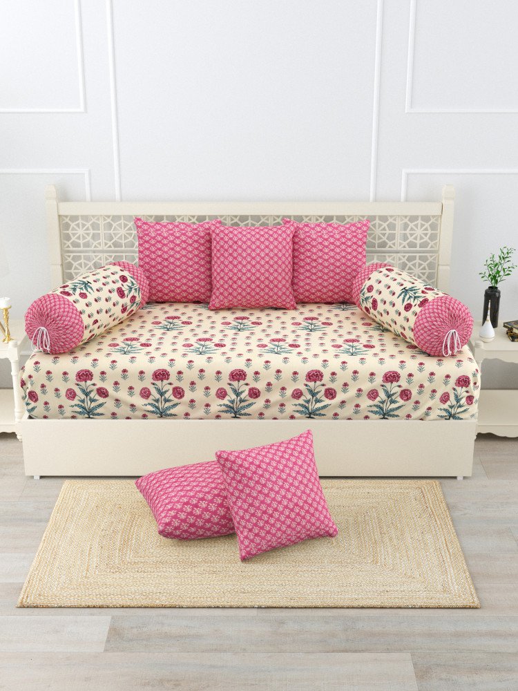 Gharana Multi-Colour Pure Cotton 1+2+5 Diwan set  - Set Of 18