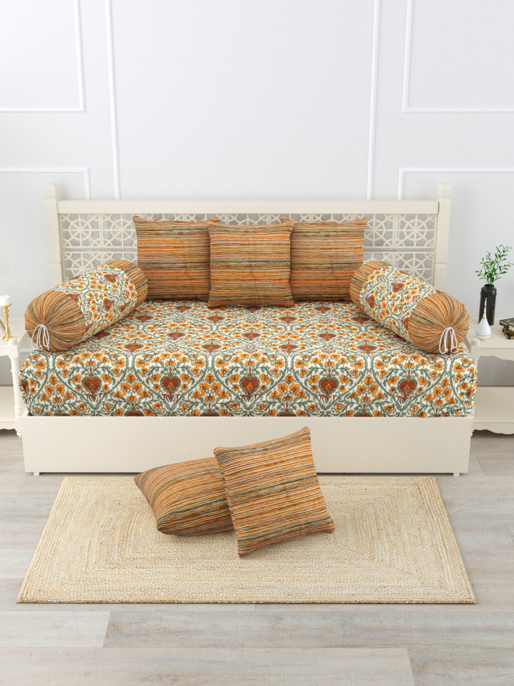 Gharana Multi-Colour Pure Cotton 1+2+5 Diwan set  - Set Of 18