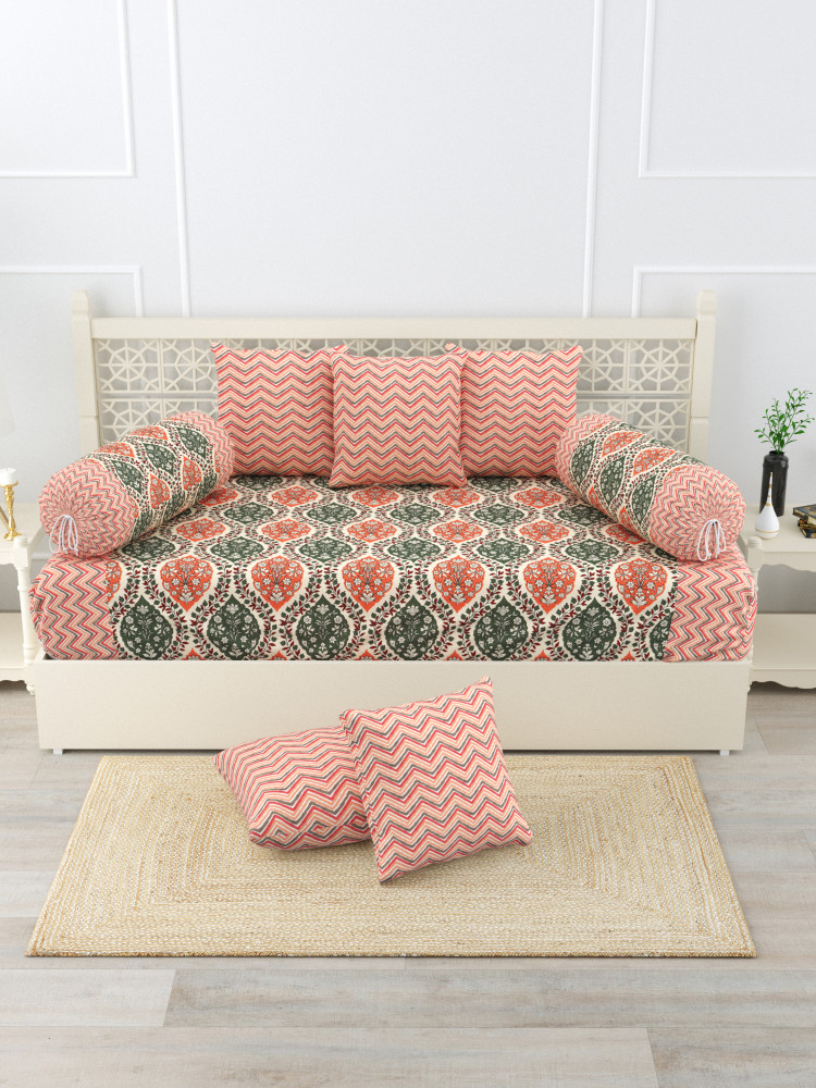 Gharana Multi-Colour Pure Cotton 1+2+5 Diwan set  - Set Of 18