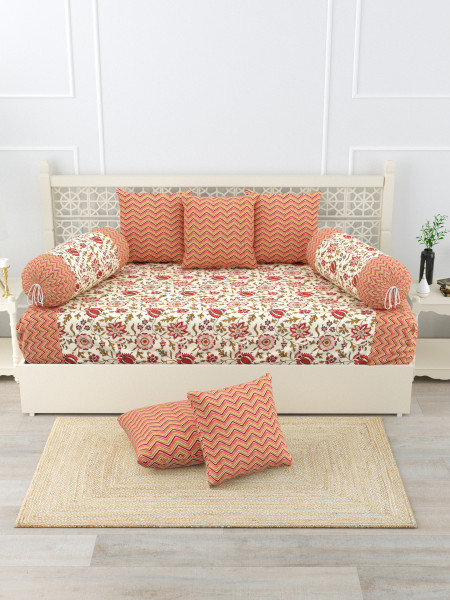 Gharana Multi-Colour Pure Cotton 1+2+5 Diwan set  - Set Of 18