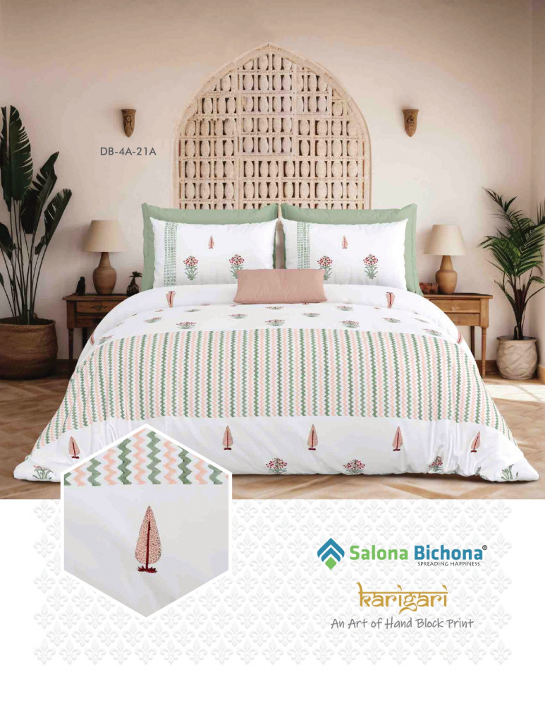 Image of KARIGARI 100% PURE COTTON 210 TC HANDBLOCK KING SIZE BEDSHEET WITH 2 PILLOW COVER SET