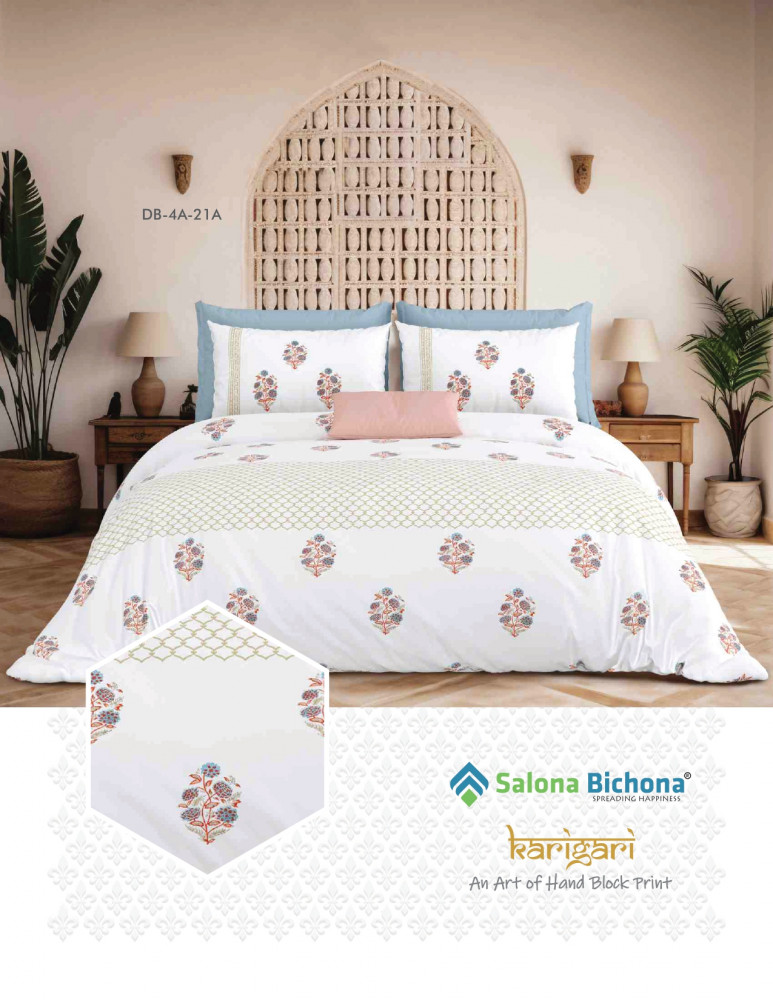 Image of KARIGARI 100% PURE COTTON 210 TC HANDBLOCK KING SIZE BEDSHEET WITH 2 PILLOW COVER SET
