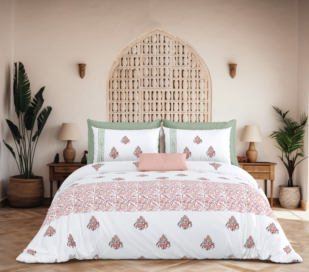 Image of KARIGARI 100% PURE COTTON 210 TC HANDBLOCK KING SIZE BEDSHEET WITH 2 PILLOW COVER SET