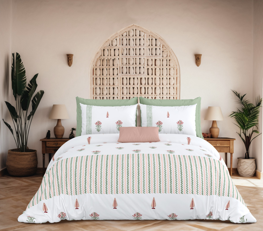 Image of KARIGARI 100% PURE COTTON 210 TC HANDBLOCK KING SIZE BEDSHEET WITH 2 PILLOW COVER SET