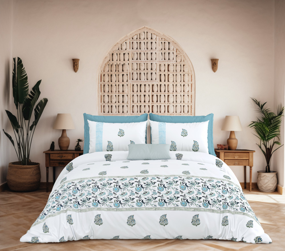 Image of KARIGARI 100% PURE COTTON 210 TC HANDBLOCK KING SIZE BEDSHEET WITH 2 PILLOW COVER SET