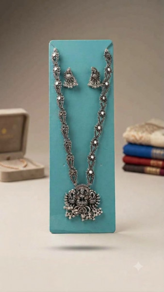 Antique Oxidised Silver Lakshmi Motif Long Set With Jhumkas