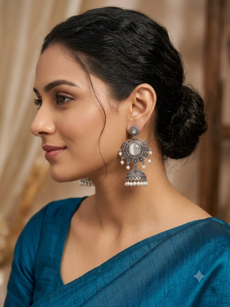 Image of Oxidized Silver Plated Statement Jhumka Earrings with White Cat's Eye Stone and Pearl Drops