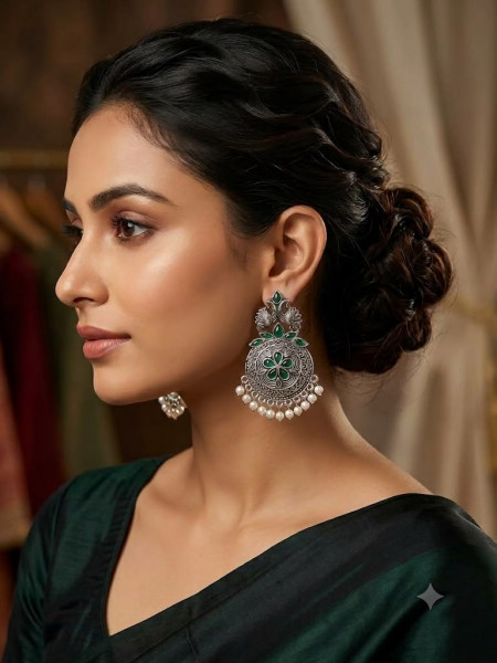 Oxidized Silver Pearl-Beaded Statement Jhumka Earring