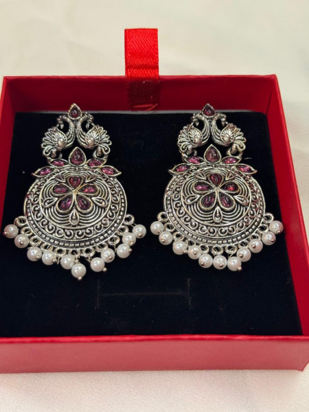 Oxidized Silver Peacock Jhumka Earrings with Ruby Pink Stones & Pearl Drop Danglers