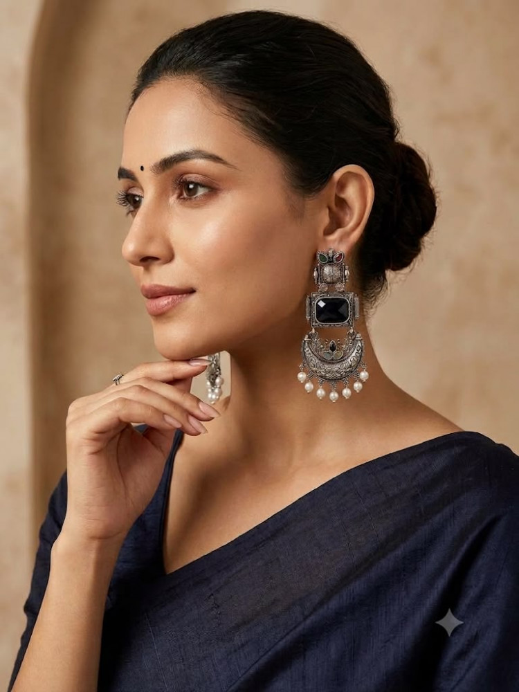 Image of Ethnic Antique Silver Statement Dangle Earrings for Festive &amp; Ethnic Wear
