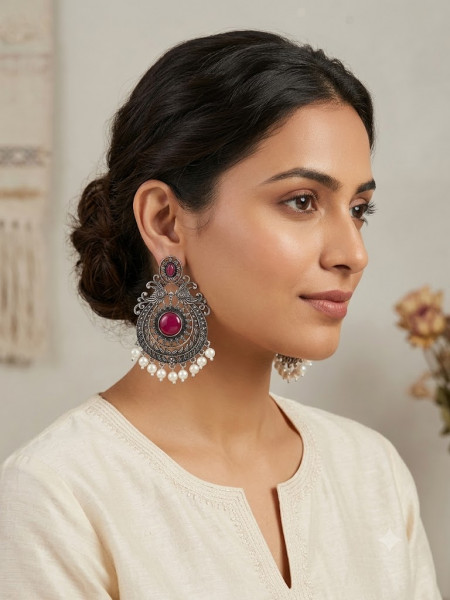 Royal Peacock Oxidized Silver Earrings with Ruby Pink Stones & Pearl Drops