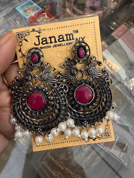 Royal Peacock Oxidized Silver Earrings with Ruby Pink Stones & Pearl Drops