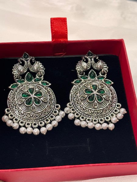Oxidized Silver Pearl-Beaded Statement Jhumka Earring
