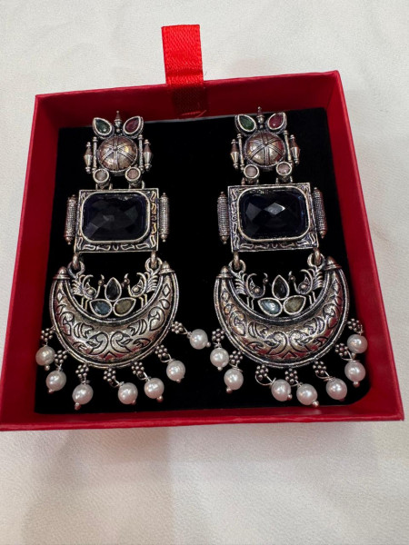 Ethnic Antique Silver Statement Dangle Earrings for Festive & Ethnic Wear