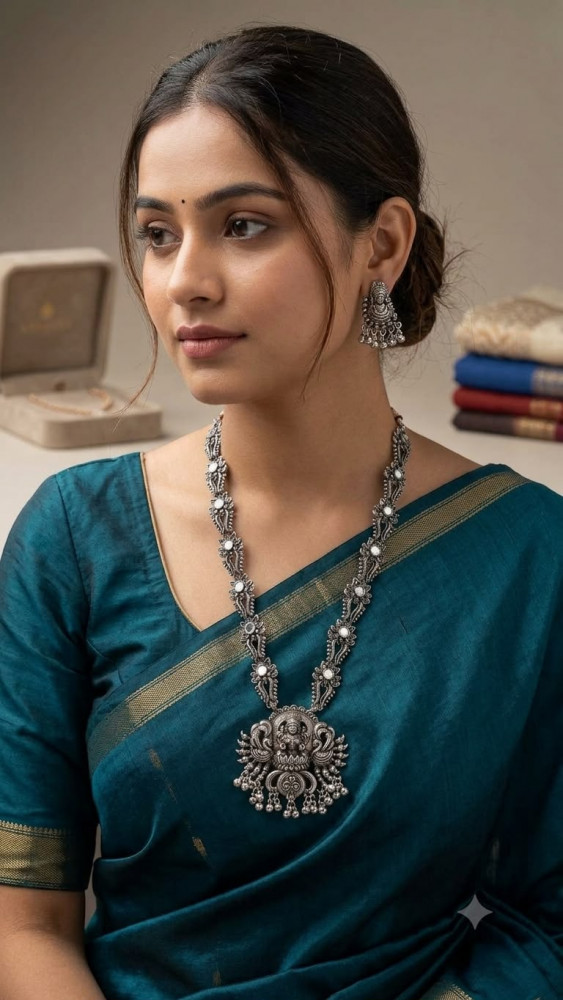 Image of Antique Oxidised Silver Lakshmi Motif Long Set With Jhumkas