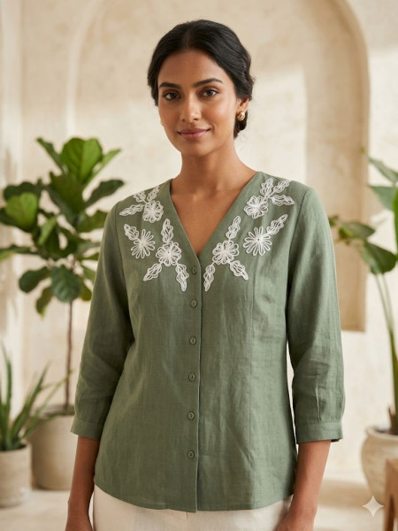 OLIVE GREEN LINEN TOP