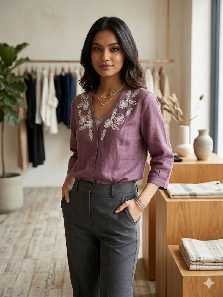 Image of WINE COLOR LINEN TOP