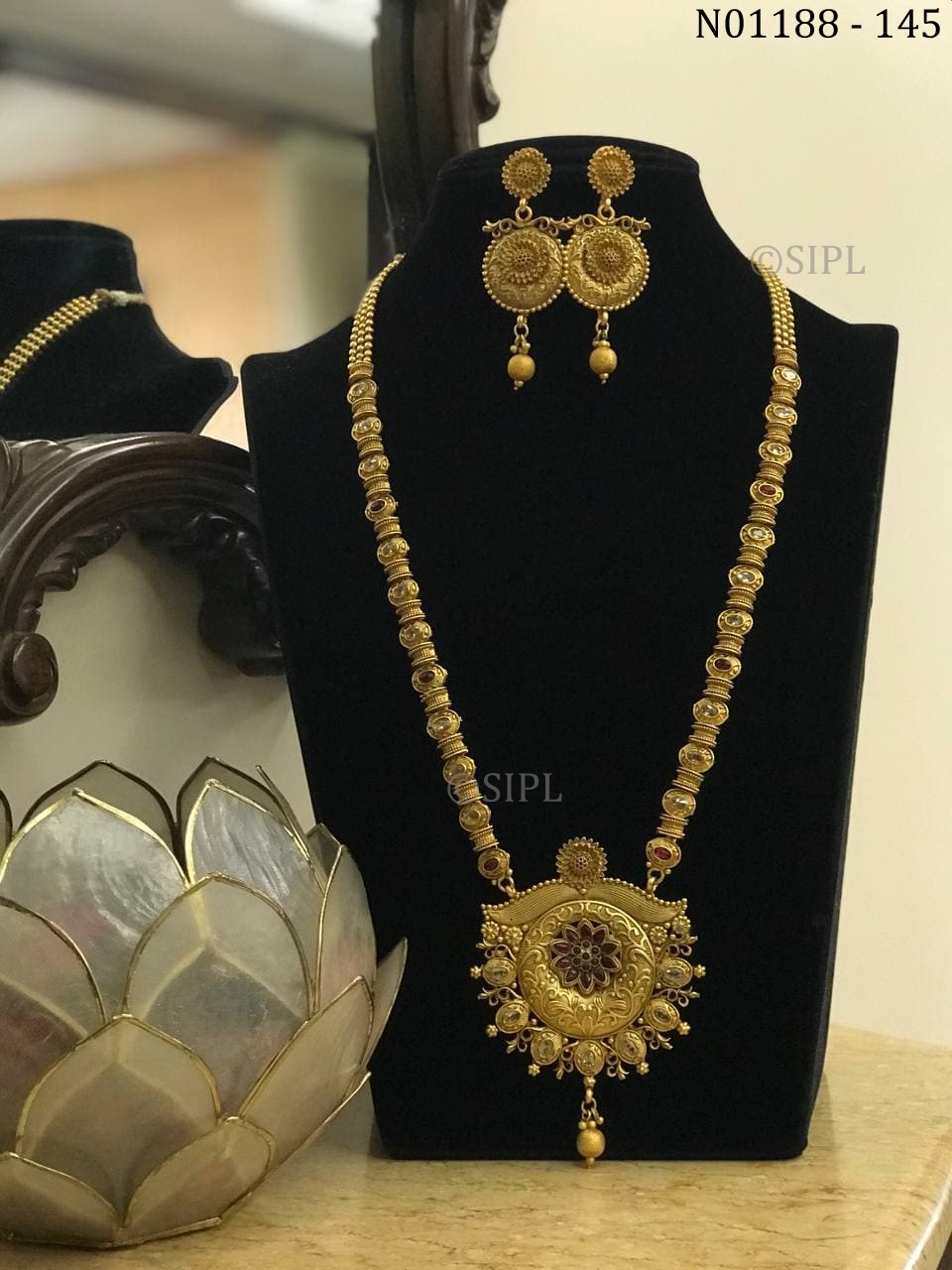 Ethnic Gold Designer Long Haram Antique Golden Traditional Jewellery Necklace Set