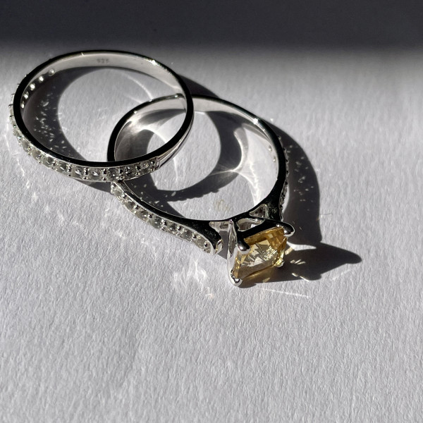 Image of Citrine White Topaz Solitaire 925 Sterling Silver Ring Set