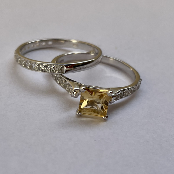 Image of Citrine White Topaz Solitaire 925 Sterling Silver Ring Set