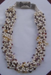 Image of Pearl,amethyst,citrine & garnet bead necklace.