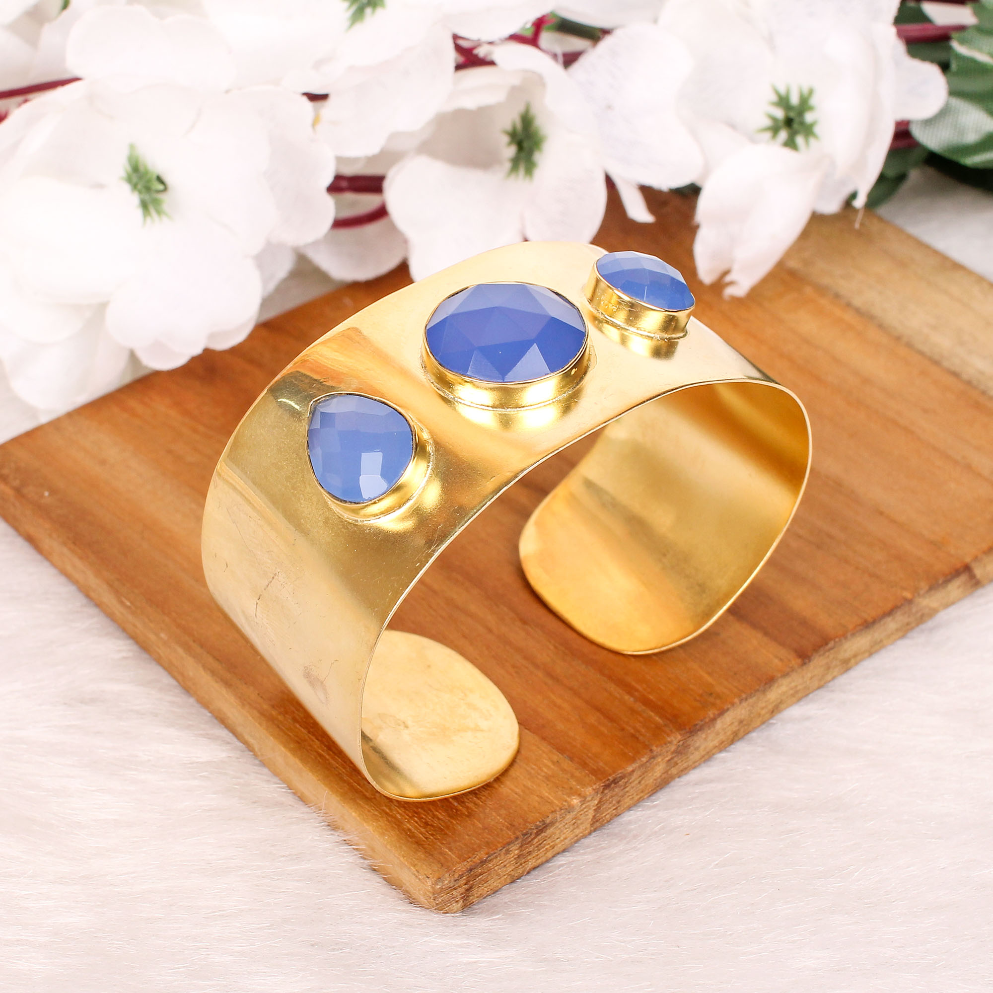 Blue Chalcedony Gemstone Contemporary Cuff Bracelet  Gold Plated Brass Jewelry