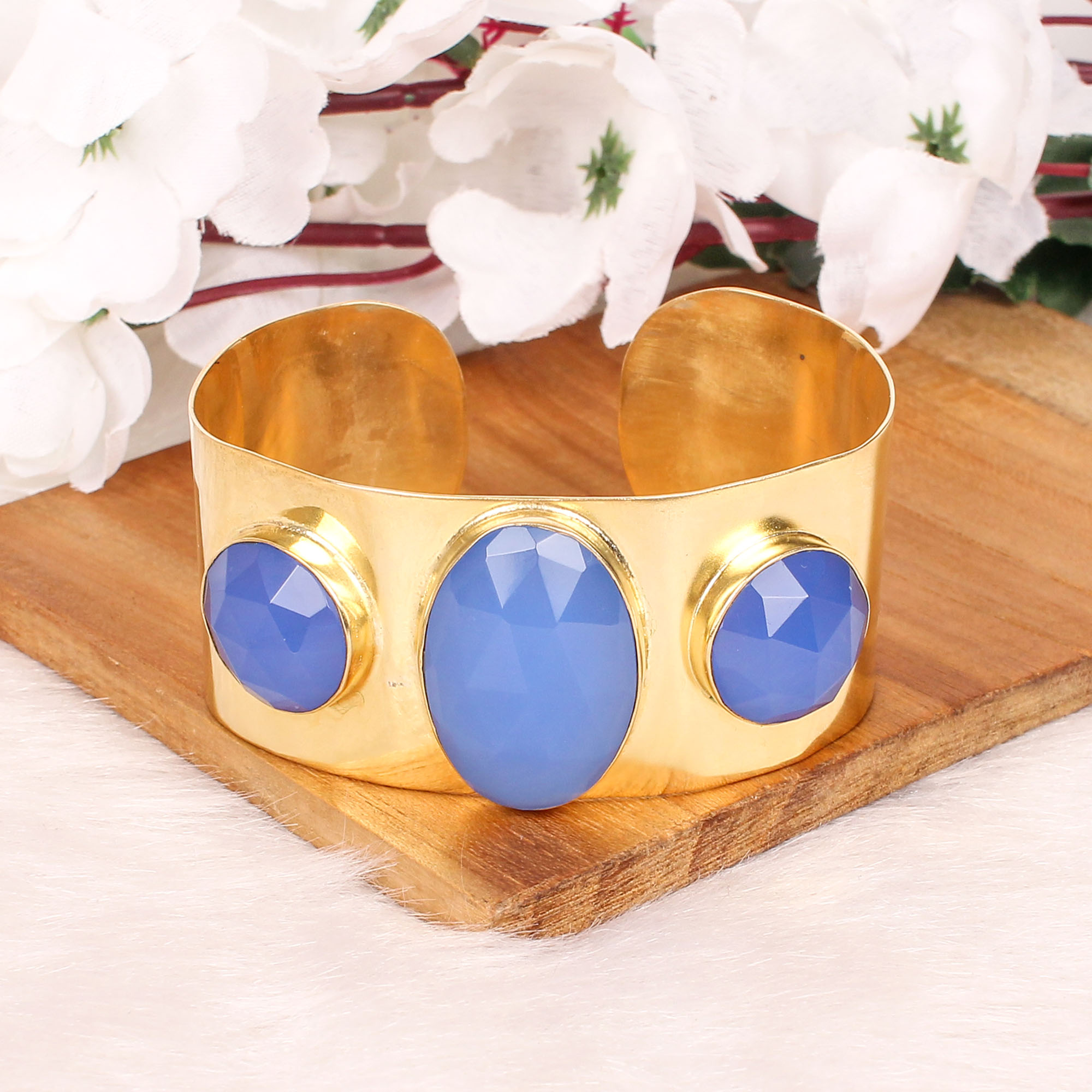 Blue Chalcedony Gemstone Contemporary Cuff Bracelet Gold Plated Brass Jewelry