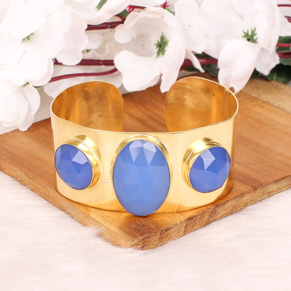 Image of Blue Chalcedony Gemstone Contemporary Cuff Bracelet | Gold Plated Brass Jewelry