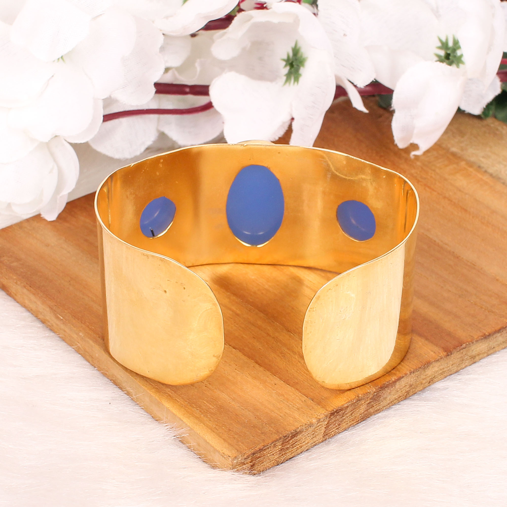 Blue Chalcedony Gemstone Contemporary Cuff Bracelet Gold Plated Brass Jewelry