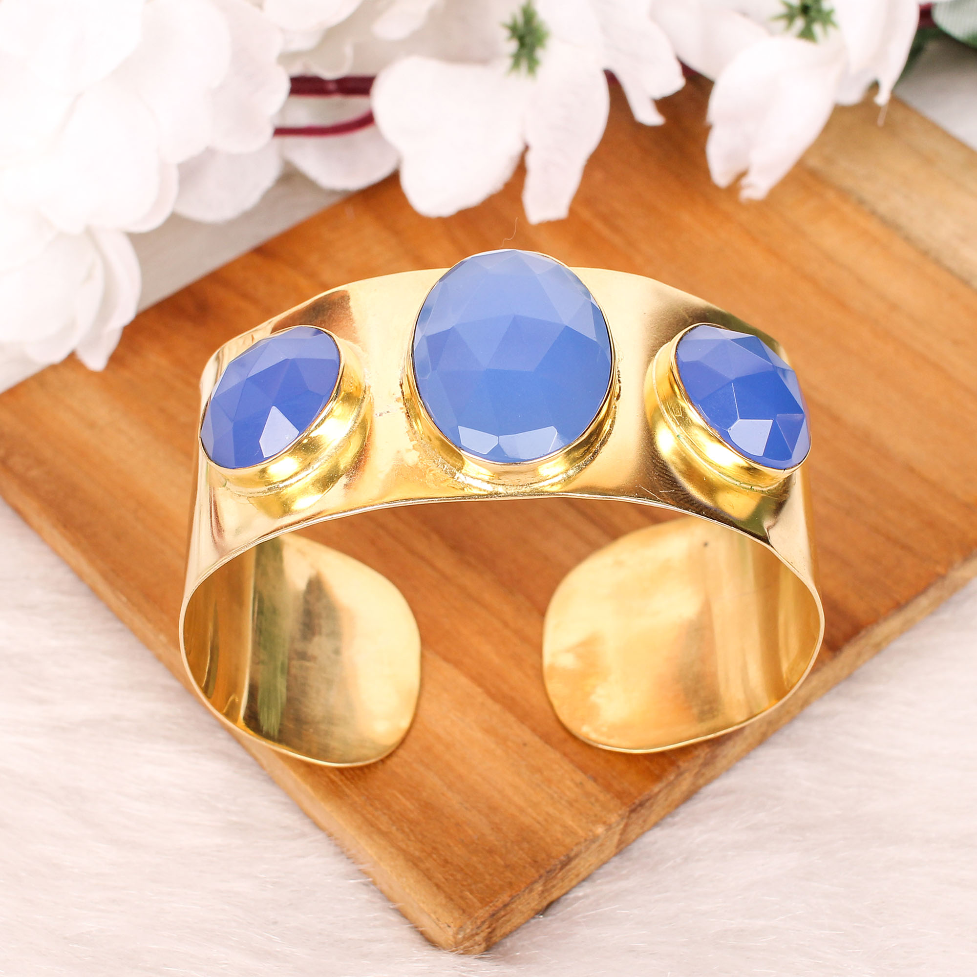 Blue Chalcedony Gemstone Contemporary Cuff Bracelet  Gold Plated Brass Jewelry
