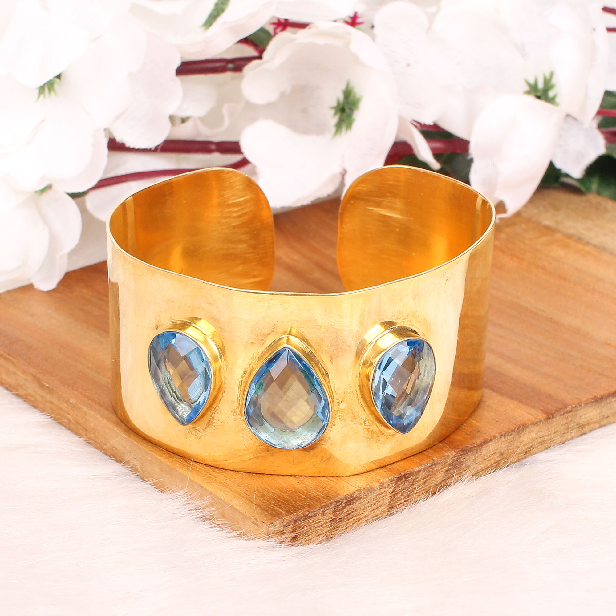 Blue Topaz Gemstone Contemporary Cuff Bracelet  Gold Plated Brass Jewelry