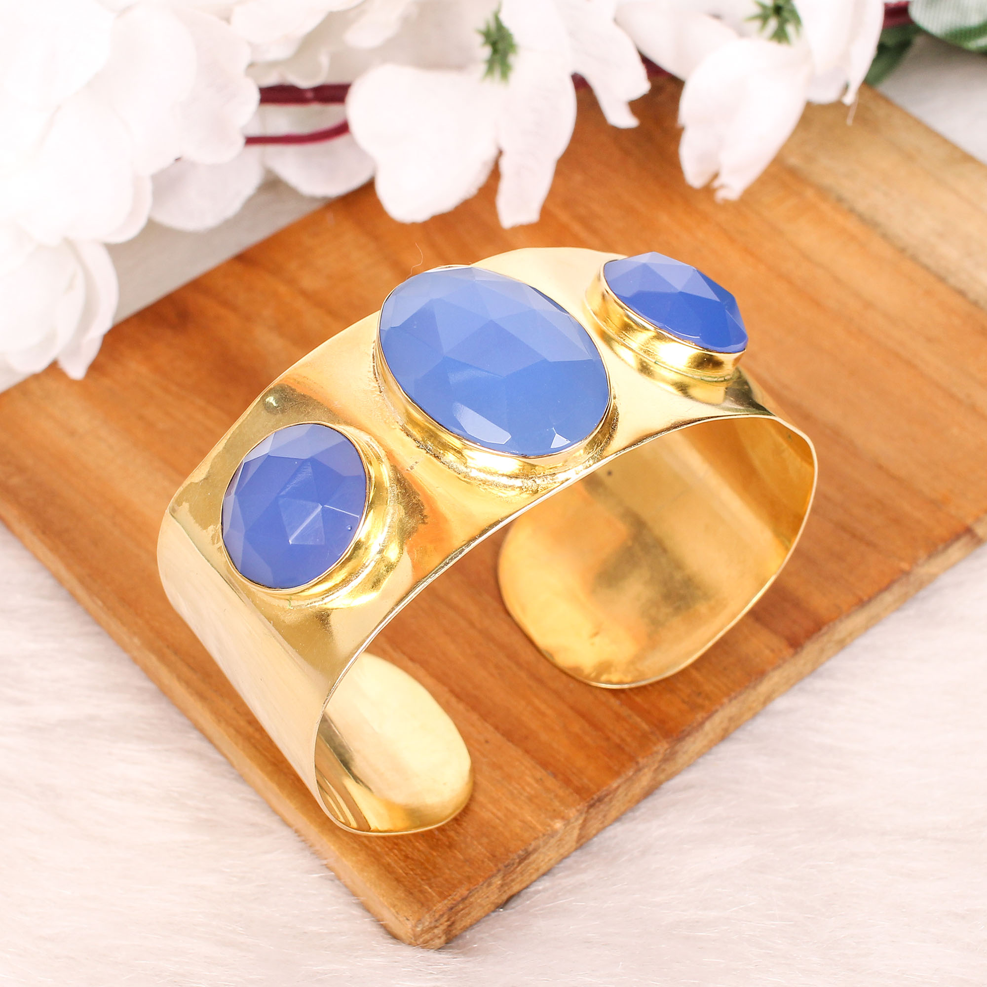 Blue Chalcedony Gemstone Contemporary Cuff Bracelet Gold Plated Brass Jewelry