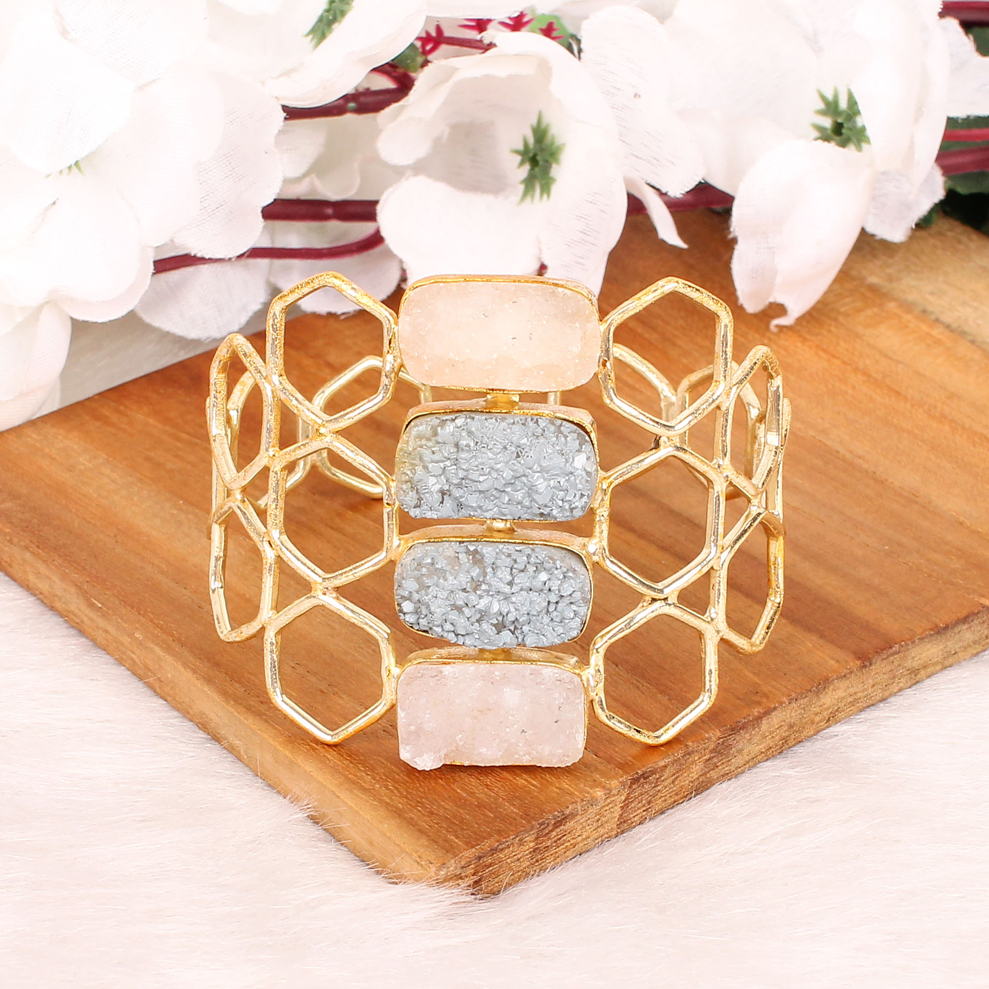 Druzy Gemstone Studed honeycomb Style Cuff Bracelet  Gold Plated Brass Jewelry