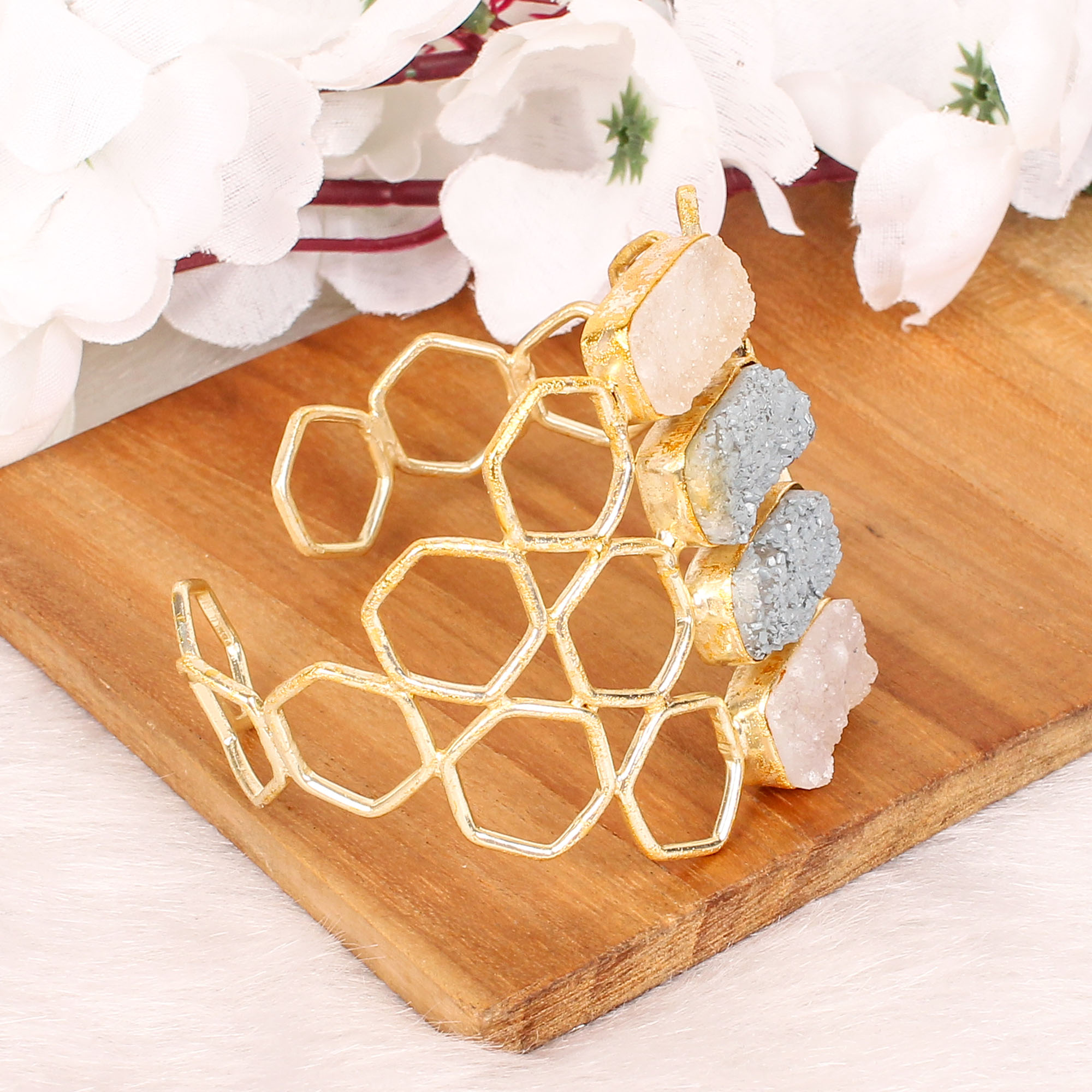 Druzy Gemstone Studed honeycomb Style Cuff Bracelet Gold Plated Brass Jewelry