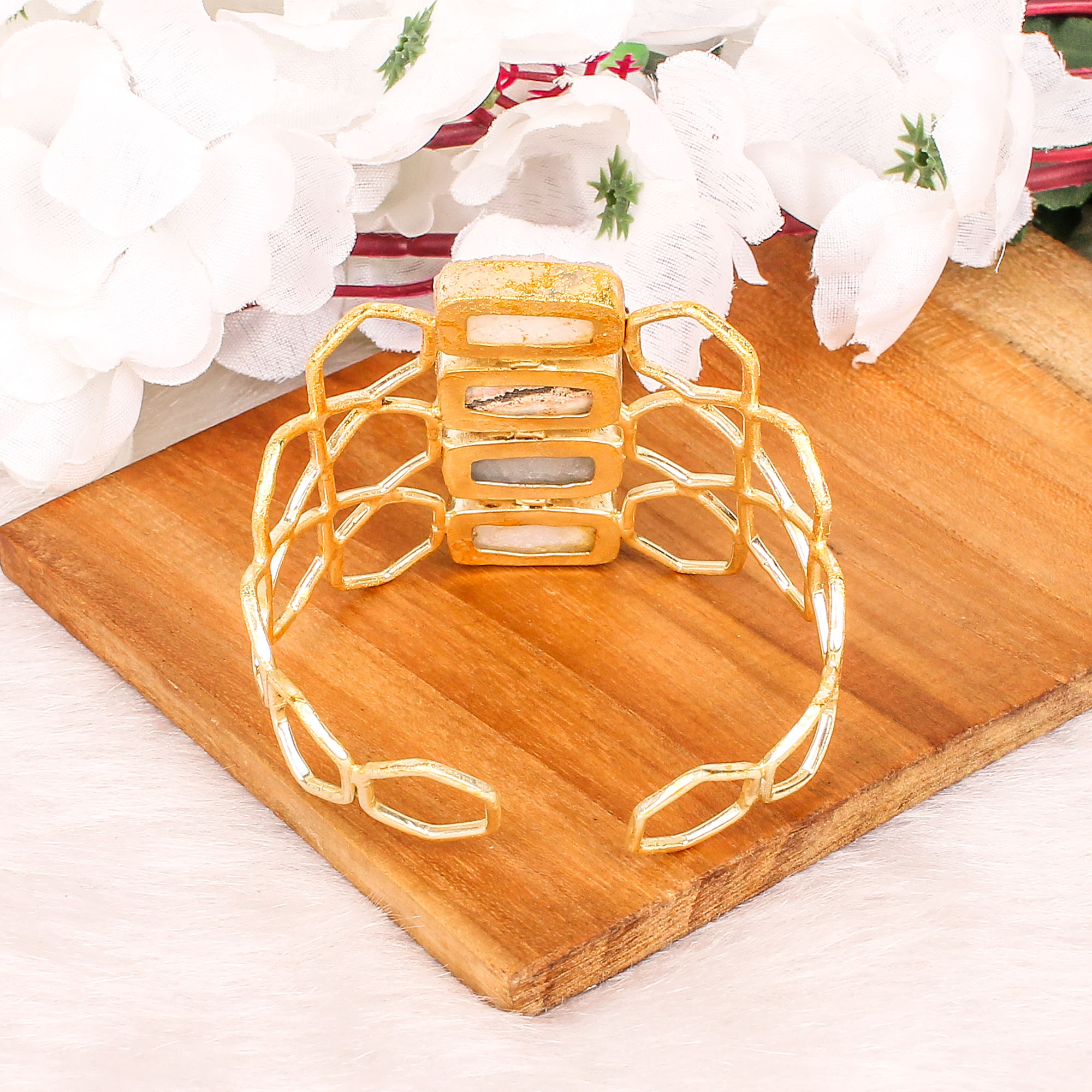 Druzy Gemstone Studed honeycomb Style Cuff Bracelet Gold Plated Brass Jewelry