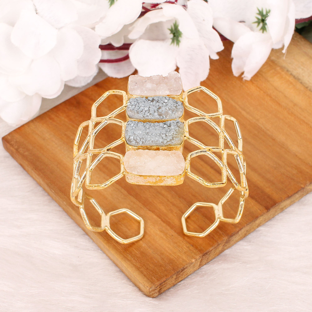 Image of Druzy Gemstone Studed honeycomb Style Cuff Bracelet | Gold Plated Brass Jewelry