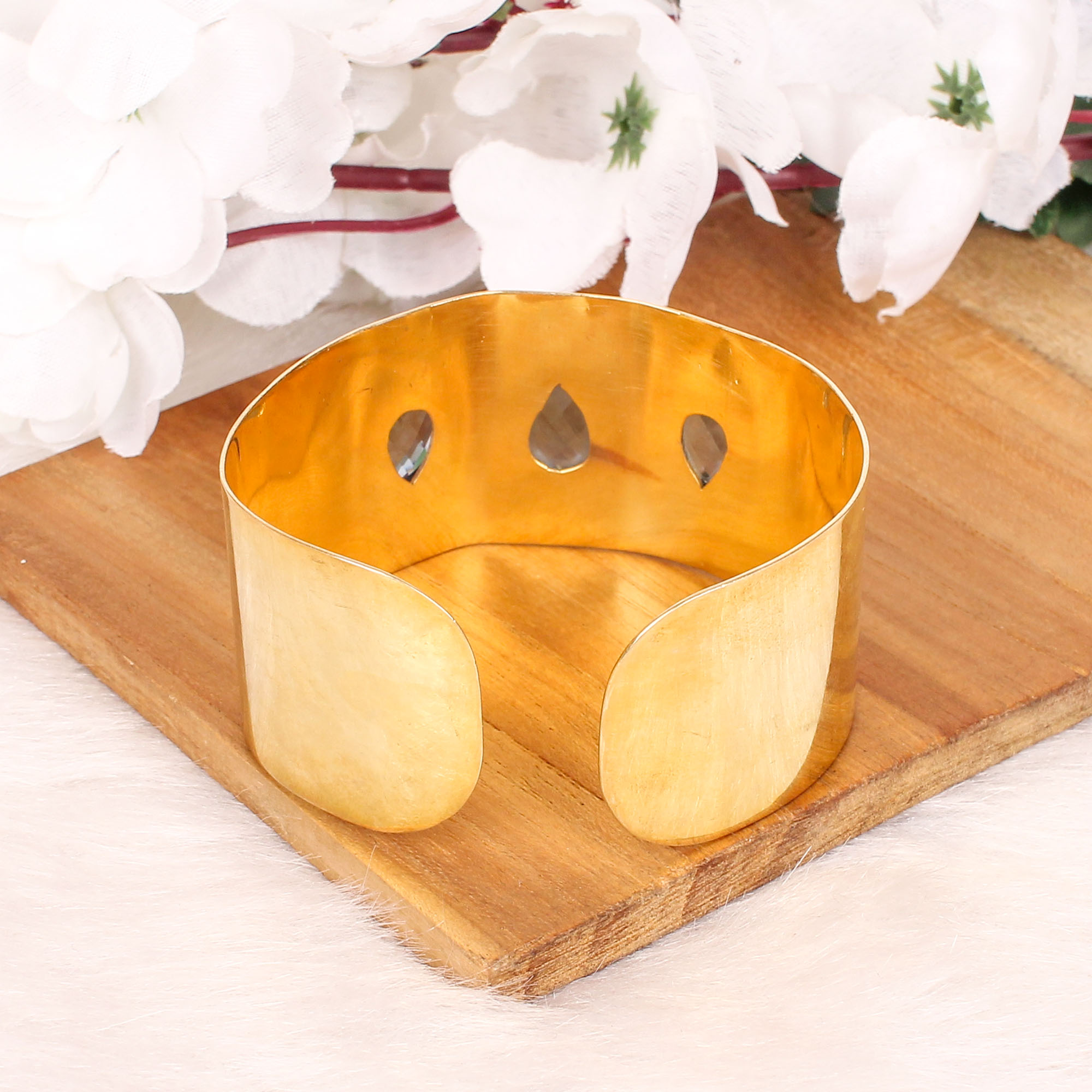 Blue Topaz Gemstone Contemporary Cuff Bracelet  Gold Plated Brass Jewelry