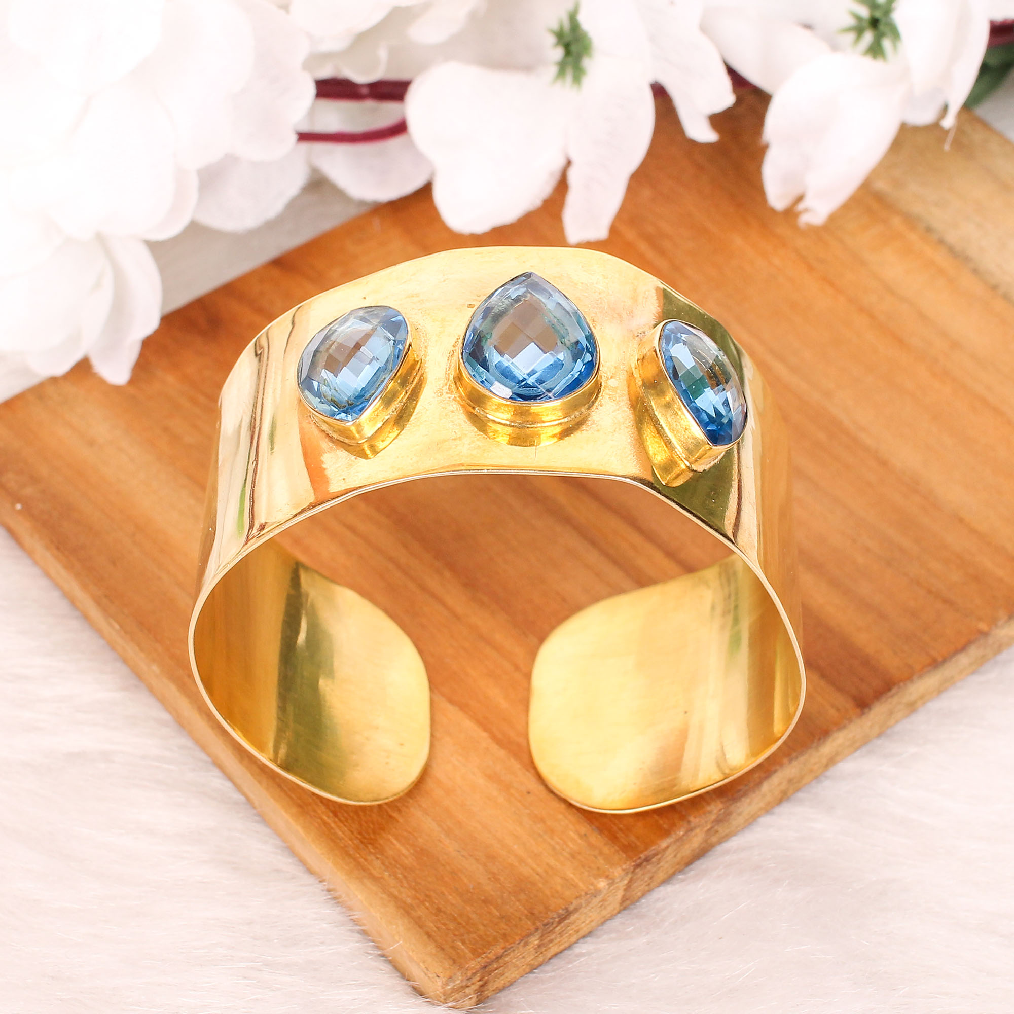 Blue Topaz Gemstone Contemporary Cuff Bracelet  Gold Plated Brass Jewelry