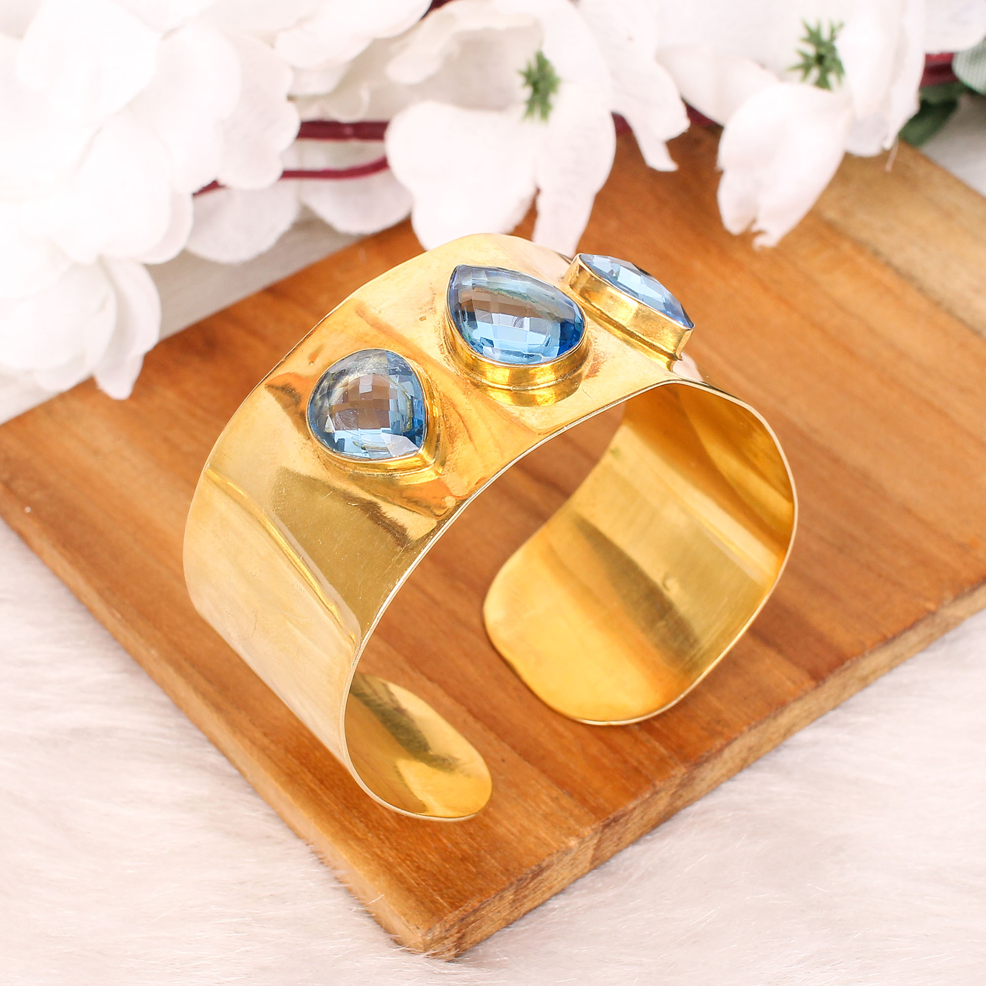 Blue Topaz Gemstone Contemporary Cuff Bracelet  Gold Plated Brass Jewelry