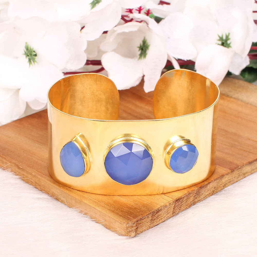 Image of Blue Chalcedony Gemstone Contemporary Cuff Bracelet | Gold Plated Brass Jewelry