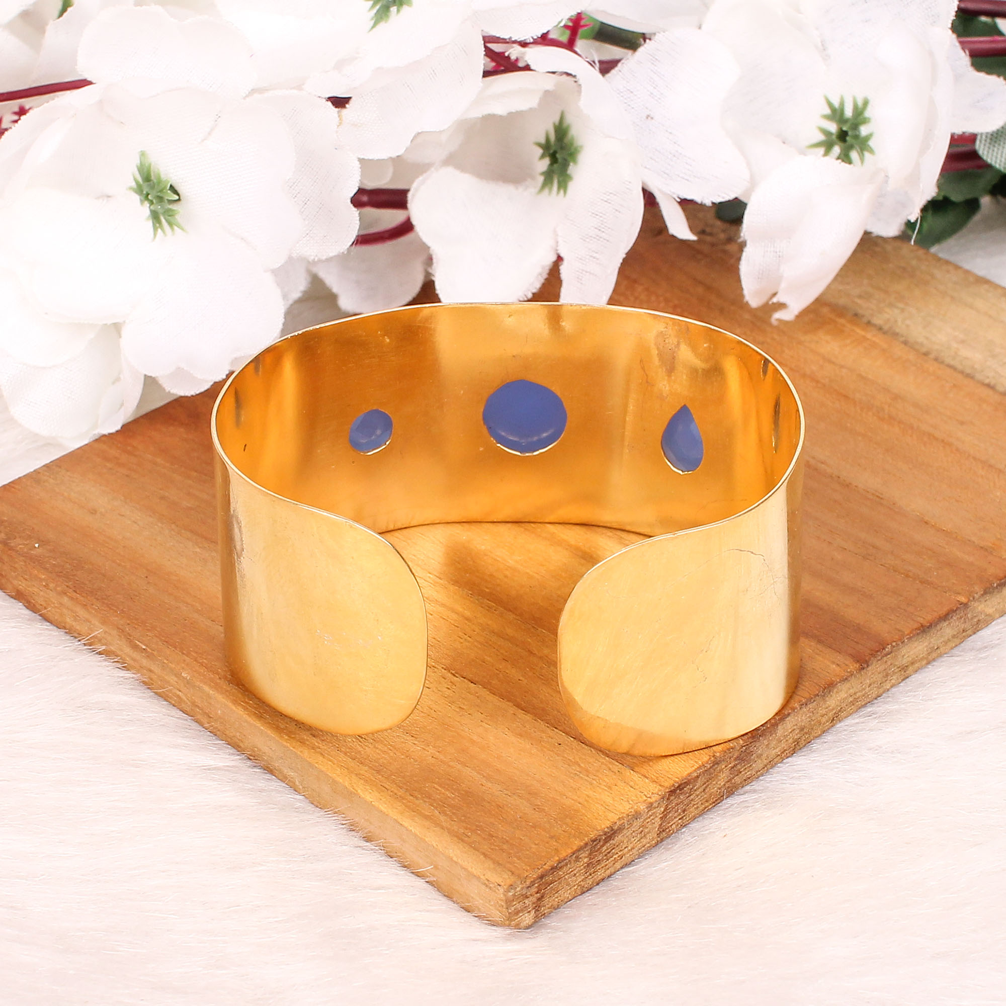 Blue Chalcedony Gemstone Contemporary Cuff Bracelet  Gold Plated Brass Jewelry