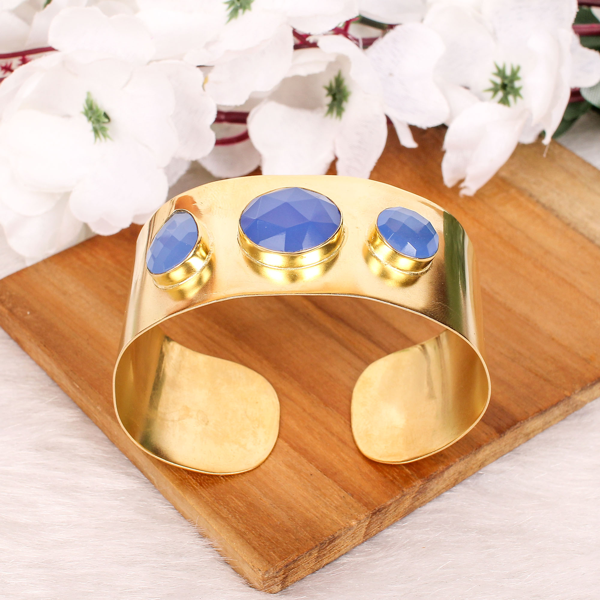 Blue Chalcedony Gemstone Contemporary Cuff Bracelet Gold Plated Brass Jewelry