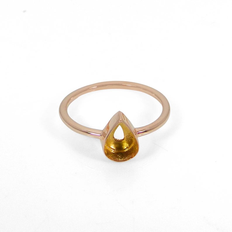 14 Karat Pure Solid Gold Thicker Band Ring  Collet 10x8mm Pear Gemstone Blank Bases Bezel Cup For Ring Metal Casting For Ring Setting