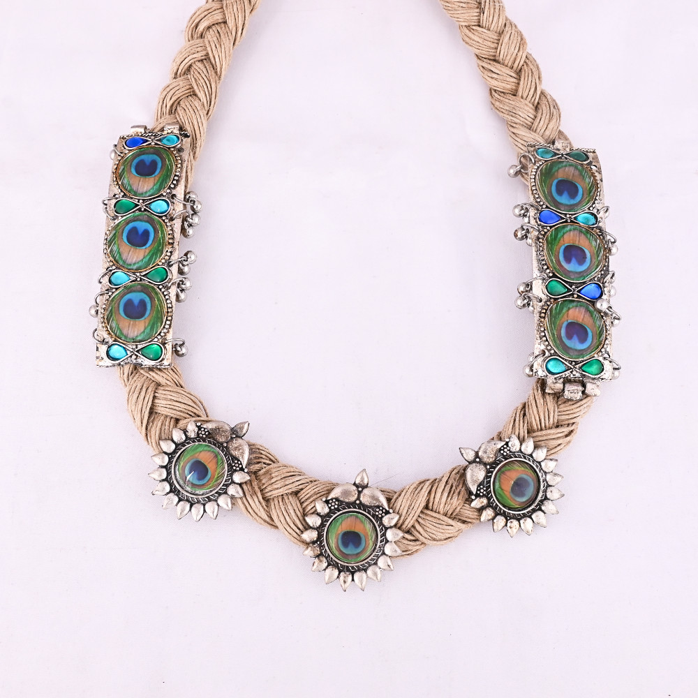 Image of Boho Braided Jute Rope Peacock Feather Statement Necklace